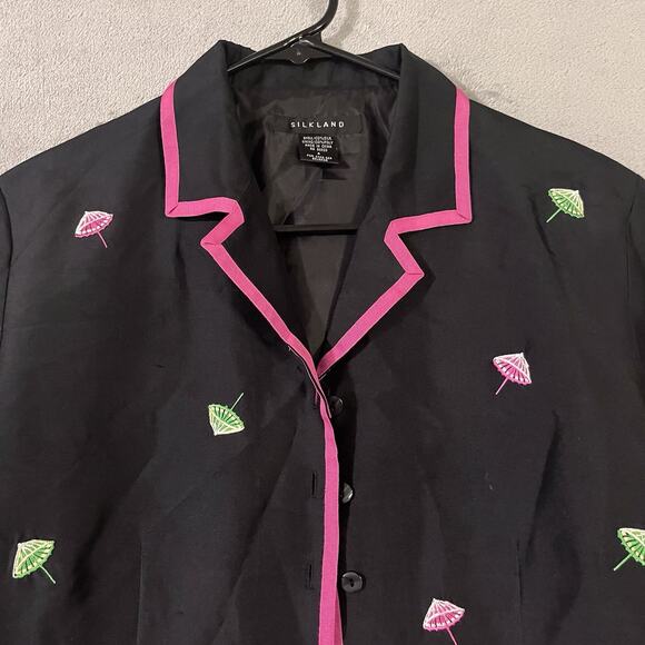 Silk Land Embroidered Silk Jacket Black Pink Parasol Design Womens Sz 4 - Picture 2 of 12